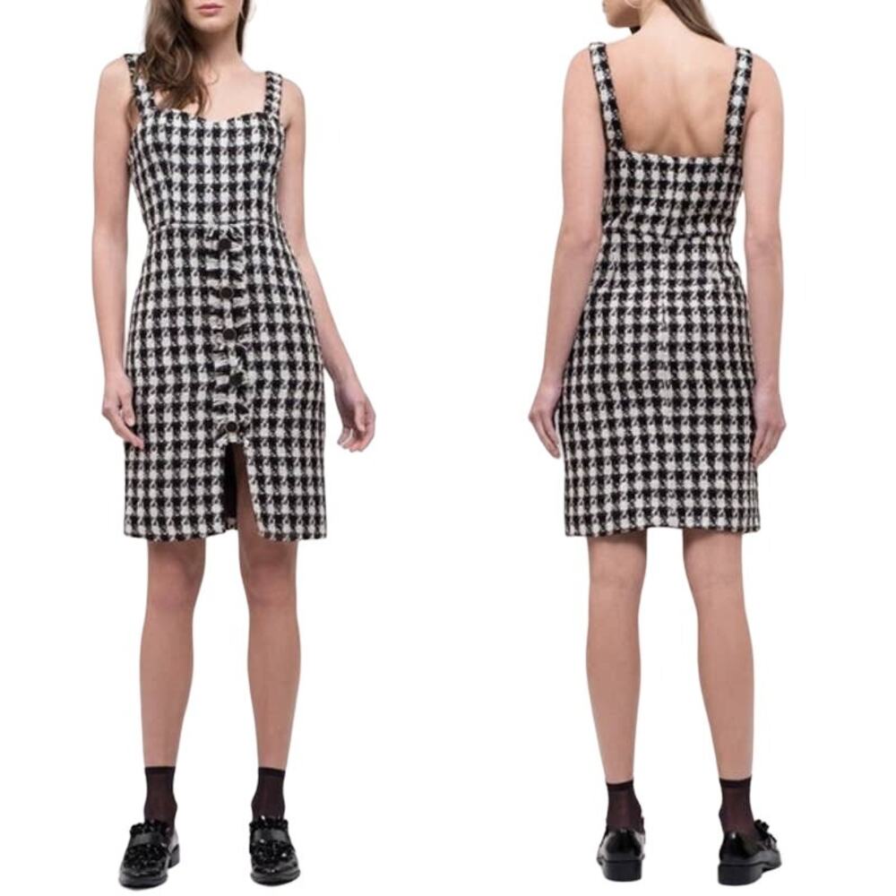 NWT J.O.A. Tweed Fringe Houndstooth Print Sleeveless Sheath Dress Split Hem XS